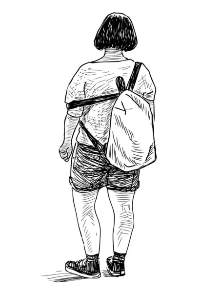 Sketsa Seorang Wanita Turis Berdiri Dengan Ransel - Stok Vektor