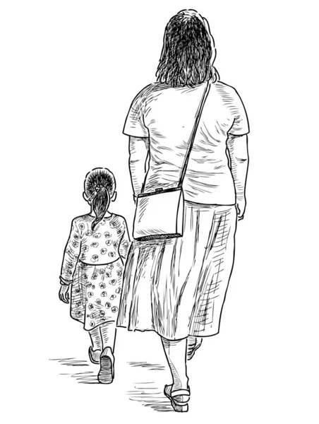 Croquis Une Femme Avec Petite Fille Faisant Une Promenade — Image vectorielle