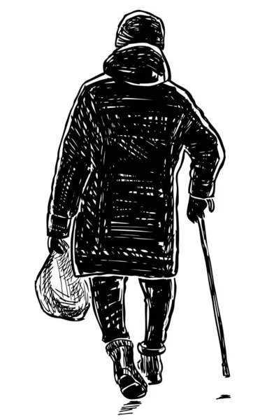 街を歩く棒を持つ高齢女性の手描き — ストックベクタ
