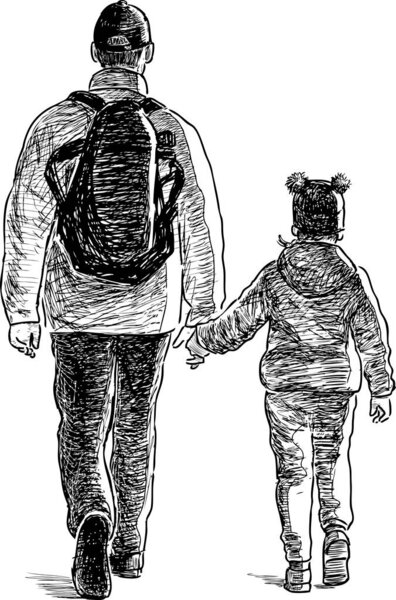 Sketch of father with his small daughter walking down street