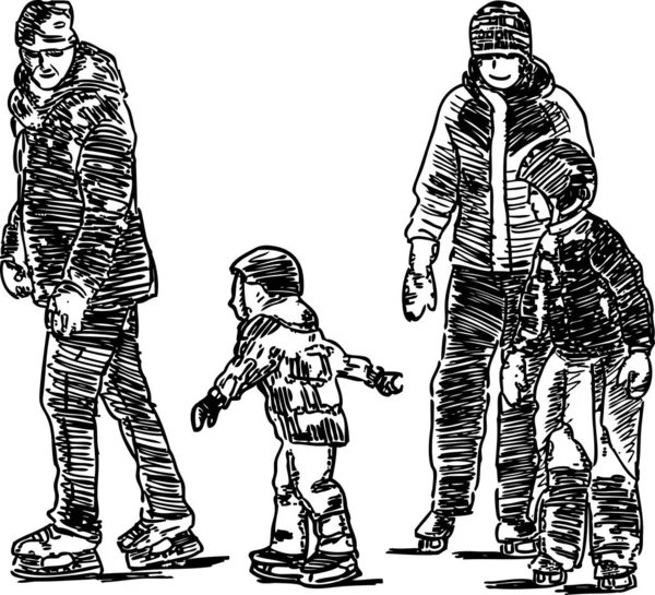 Kasaba halkının buz pateni pistinde kayan aile üyelerinin vektör çizimi
