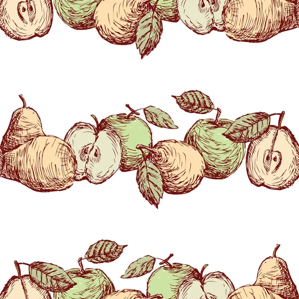 Seamless Background Sketches Green Apples Yellow Pears Rows — Stock Vector