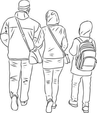 Vector çizim aile kasaba sakinleri dışarı yürür