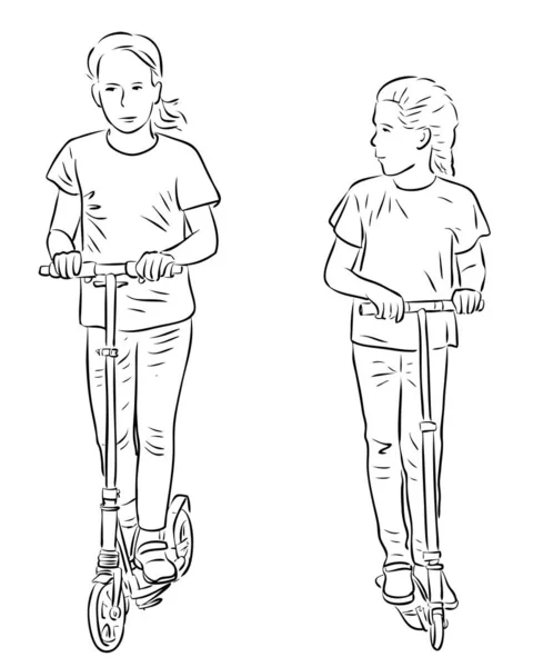 Desenho Vetorial Meninas Montando Scooters — Vetor de Stock