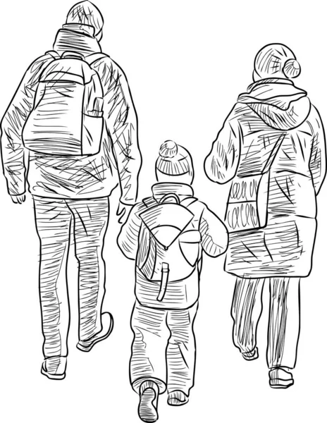 Bosquejo Vectorial Ciudadanos Casuales Familiares Caminando Aire Libre — Vector de stock