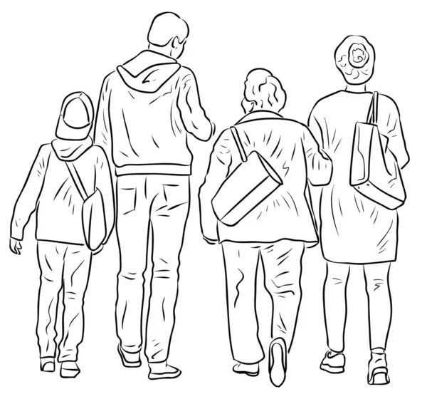 Esquema Dibujo Familia Ciudadanos Casuales Caminando Aire Libre Juntos — Archivo Imágenes Vectoriales