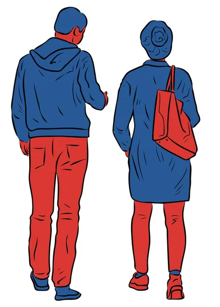 Vektorová Kresba Dvojice Občanů Kráčejících Společně Ven — Stockový vektor