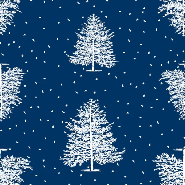 Modèle Sans Couture Croquis Arbres Noël Dans Les Chutes Neige — Image vectorielle