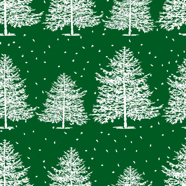 Seamless Background Sketches Frozen Christmas Trees Snowfall — Stock Vector