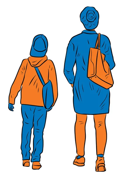 Dibujo Vectorial Madre Joven Con Hijo Caminando Aire Libre Juntos — Archivo Imágenes Vectoriales