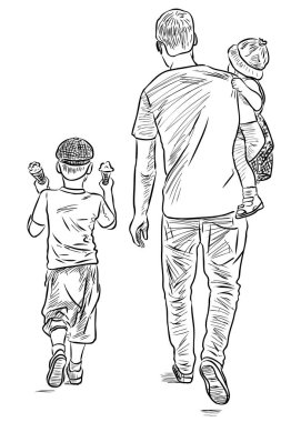 Çocuklarıyla yaz günü yürüyüşe çıkan bir babanın çizimi.