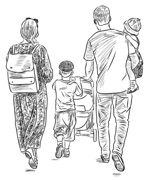 Dessin Contour Jeunes Familles Promenant Ensemble Jour Été — Image vectorielle