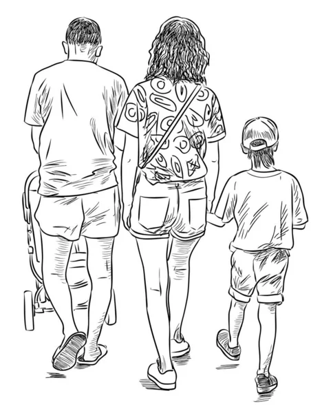 Bosquejo Los Jóvenes Familia Caminando Día Verano Juntos — Archivo Imágenes Vectoriales