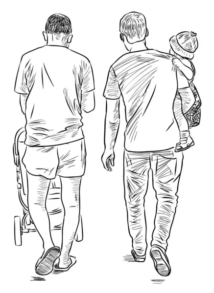 Croquis Jeunes Hommes Avec Leurs Enfants Promenant Jour Été Ensemble — Image vectorielle