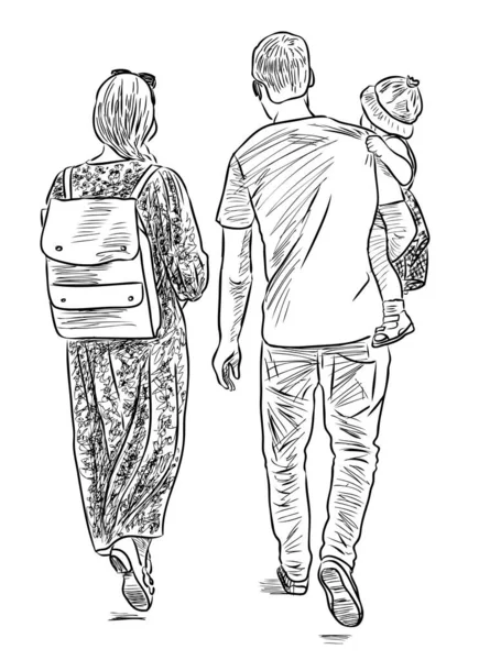 Croquis Jeunes Parents Avec Leur Petite Fille Faisant Une Promenade — Image vectorielle