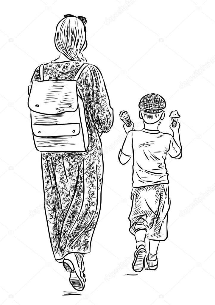 Sketch of young mother with her little son strolling on summer day together