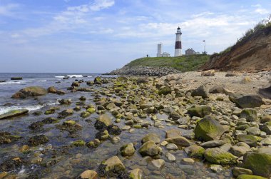 Atlantik Okyanusu, Long Island, New York Montauk deniz feneri ile kıyı sahne