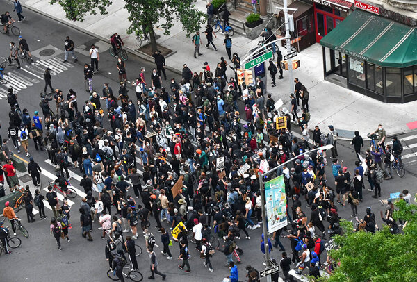 NEW YORK CITY CIRCA MAY 2020. Amid growing violence and protests over George Floyds death, Black Lives Matter demonstrations, marches and riots are seen here on Manhattan streets