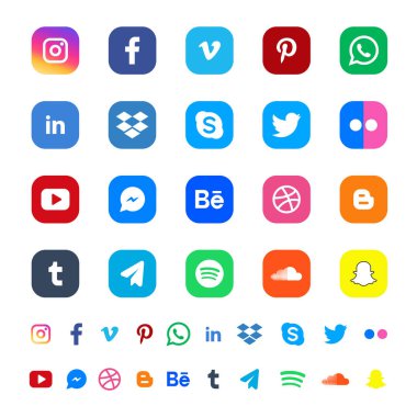 Uygulamalar ve web siteleri için sosyal medya simgeleri veya sosyal ağ logoları düz vektör seti / koleksiyonu