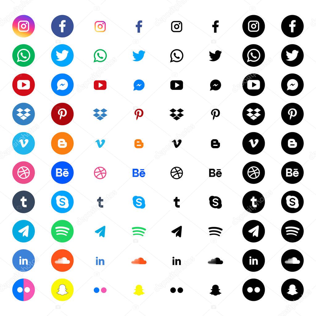 Social media icons or social network logos flat vector icon set / collection for apps and websites