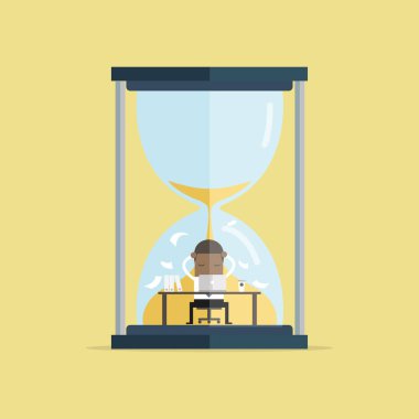 Afrika işadamı sert bilgisayarda büyük kum saati son tarih kavram üzerinde çalışıyorum. vektör