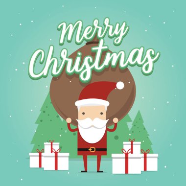 Noel Baba ağır bir çanta hediye dolu taşır. Çizgi film sahne. Mutlu Noeller. vektör