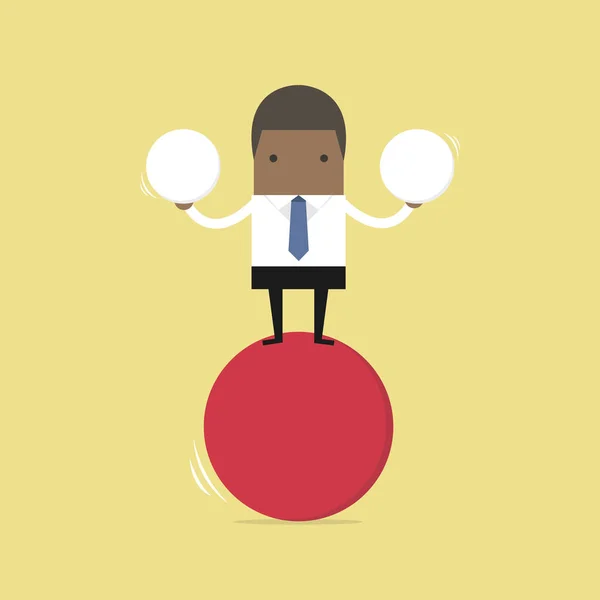 Homme Affaires Africain Équilibrage Sur Boule Rouge Tenant Deux Sphères — Image vectorielle