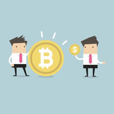 Bitcoin ve dolar arasında karşılaştırma işadamları sikke vektör.