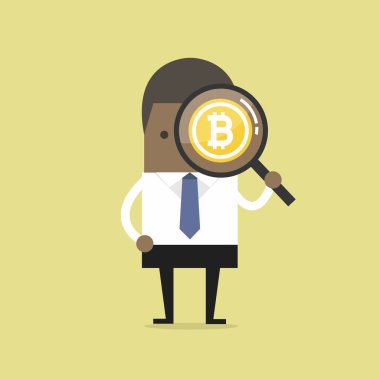 Afrika işadamı Bitcoin büyüteç ile arıyorum. vektör