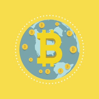 Dünya ve Bitcoin oturum açın. Dünya ve Bitcoin .vector düz çizimi