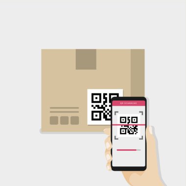 İş el smartphone tarama QR kodu kutusunu ayrıntı için malların tutarak.