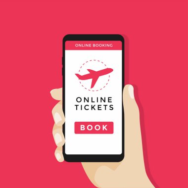 Smartphone ile kitap düğmesini ve uçak simgesi ekranda tutan el. Tasarım konsepti online bilet. vektör