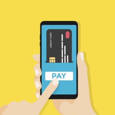 Ödeme sayfası ve kredi kartı ödeme düğmesi ile smartphone ekranında. El smartphone tutar. vektör