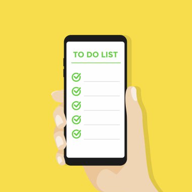 Yapılacaklar listesi ekranda Smartphone ile tutan el. vektör