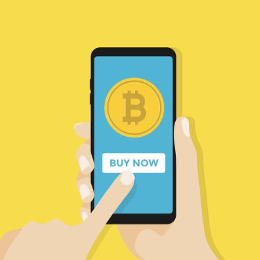 Bir cep telefonu satın almak şimdi düğme ile ekranda Bitcoin.