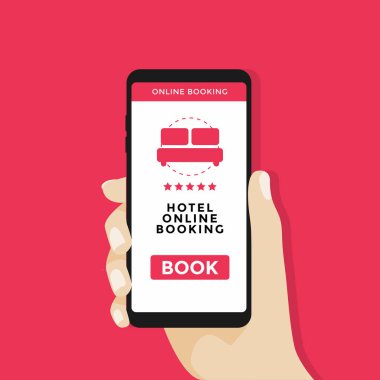 Smartphone ile kitap düğmesi ve yatak simgesi ekranda tutan el. vektör