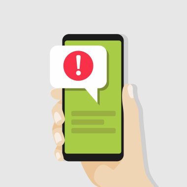 Smartphone konuşma balonu ve ünlem işareti simgesi olan tutan el. vektör