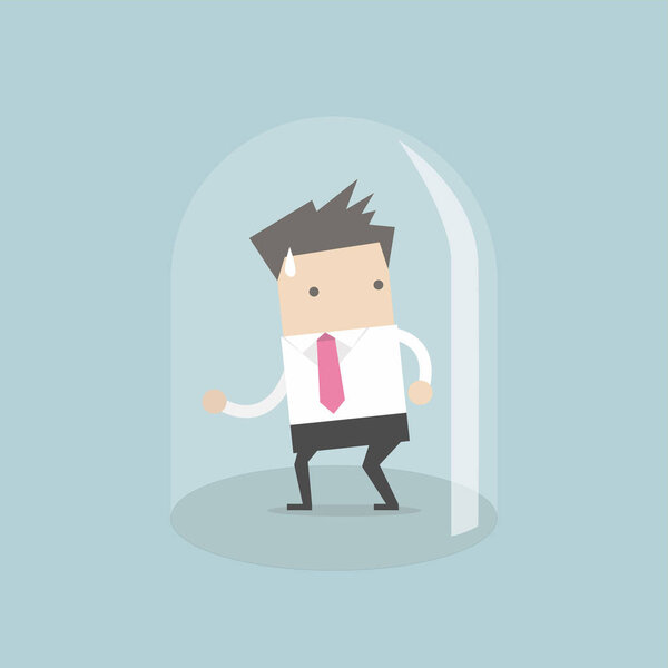 Businessman trapped in glass bulb. vector