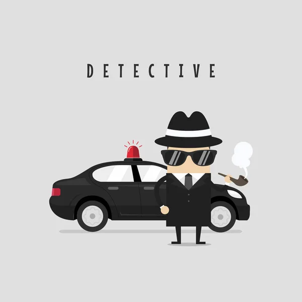 Divertido Personaje Detective Con Coche Vector Dibujos Animados — Vector de stock