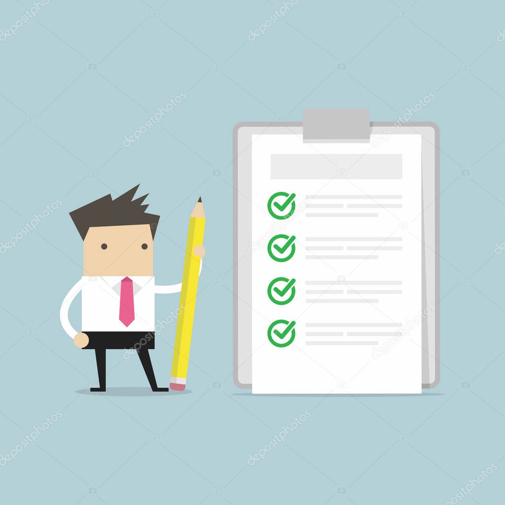 Businessman holding a pencil looking at completed checklist on clipboard. vector