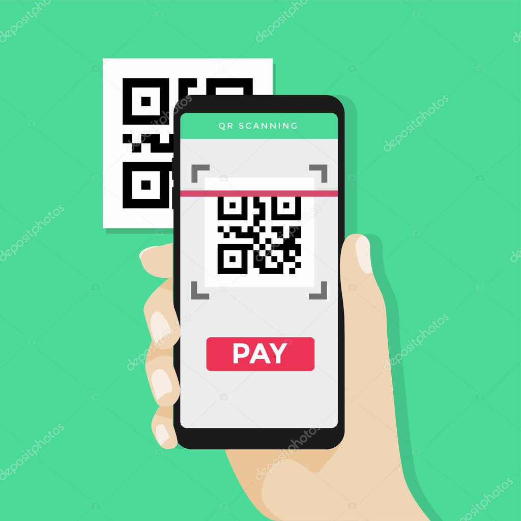 Hand holding smartphone to scan QR code on paper for detail, technology and business concept. vector