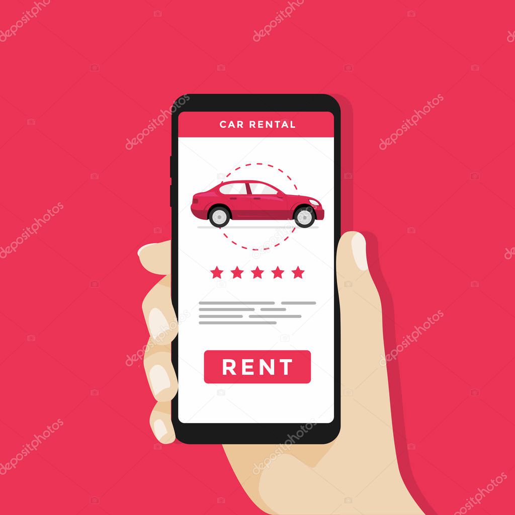 Hand holding smartphone with car icons and rent a car button on screen. vector