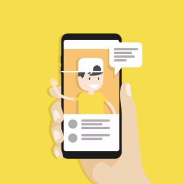 Canlı sohbet sosyal medya. Video akışı canlı. Smartphone elinde. Sosyal medya kavramı. vektör