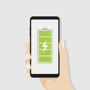 Smartphone tam dolu pil ile tutan el. vektör