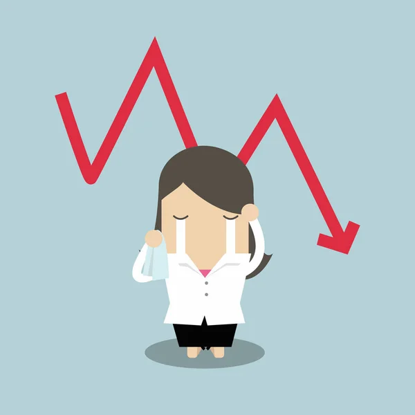 Triste Empresária Chorando Com Queda Seta Vermelha Gráfico Crise Financeira — Vetor de Stock