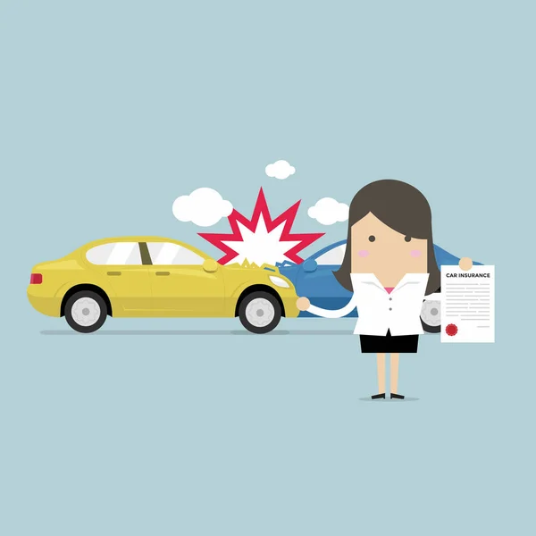 服务中心的汽车保险 女商人展示了汽车保护的文件 — 图库矢量图片