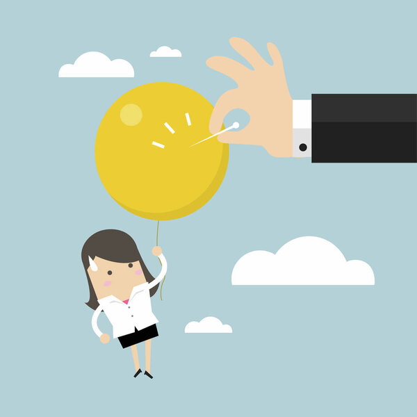 Бизнесмен нажимает на иглу, чтобы лопнуть шарик. вектор
