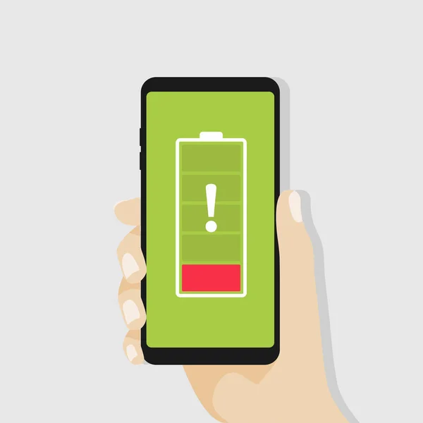 Hand Met Smartphone Met Rode Lage Batterij Vector — Stockvector