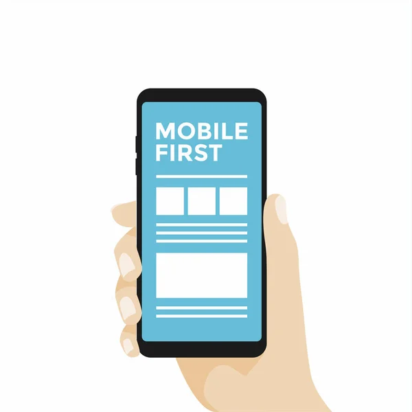 Mobile First Concept Design Smartphone Mano Vettore — Vettoriale Stock