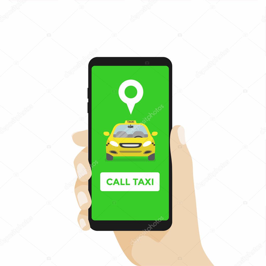 Hand Holding Smartphone and Call taxi by phone. Booking Taxi Via Mobile App Vector.
